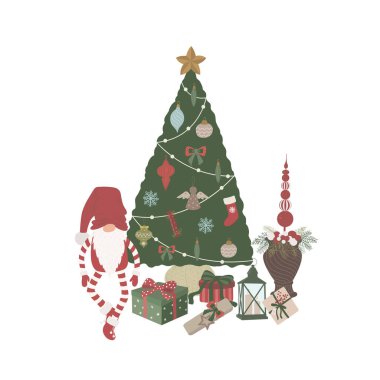 Beyaz arka planda Noel Ağacı. Vektör İllüstrasyonu.