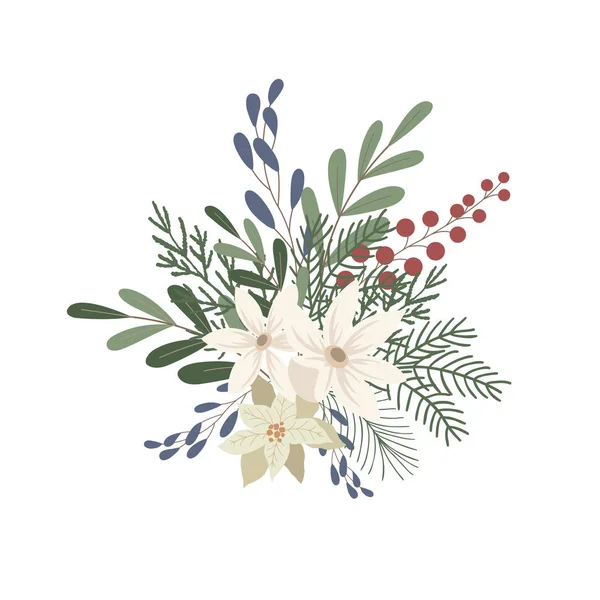 Vánoční Kytice Aranžmá Bílými Květy Vektorová Ilustrace — Stockový vektor