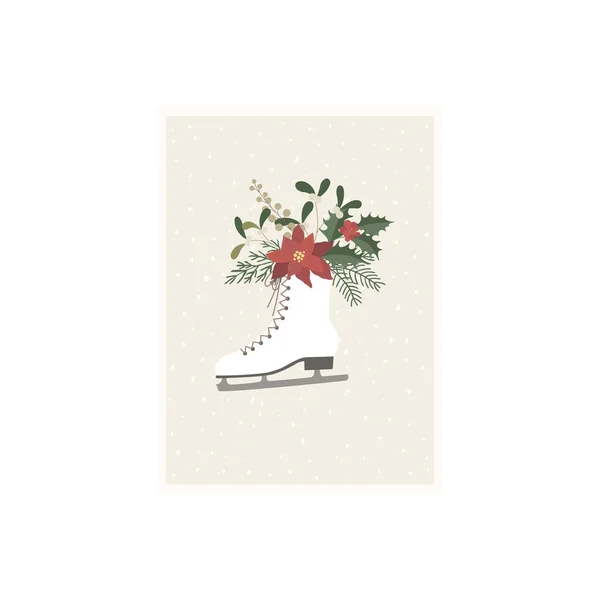 Patins Avec Bouquet Hiver Carte Noël Illustration Vectorielle — Image vectorielle