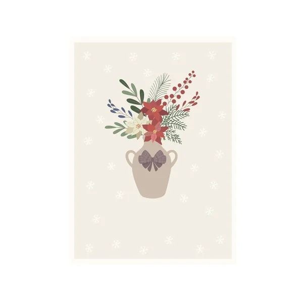 Cartão Natal Com Vaso Flores Ilustração Vetorial —  Vetores de Stock
