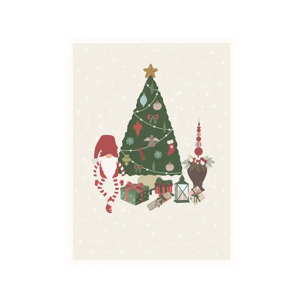 Biglietto Natale Con Gnomo Albero Natale Illustrazione Vettoriale — Vettoriale Stock