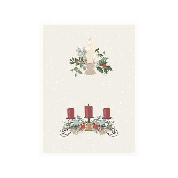 Kerstkaart Met Bloemen Kaarsen Decoratie — Stockvector