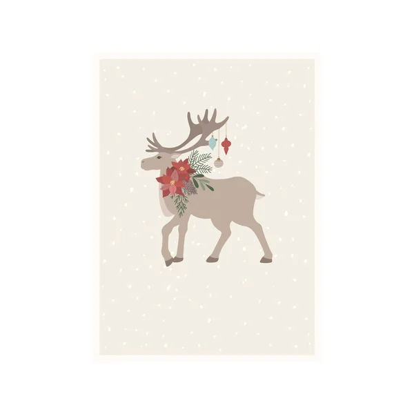 Christmas Card Deer Winter Florals Vector Illustration — Stock Vector