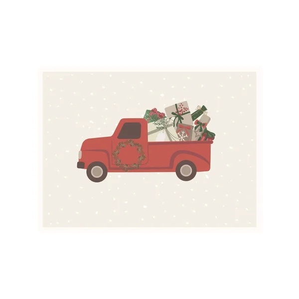 赤いトラックとギフト付きクリスマスカード ベクターイラスト — ストックベクタ