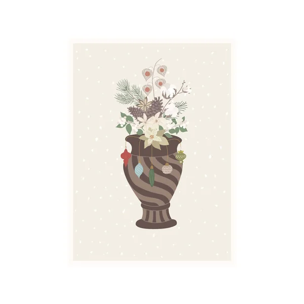 花瓶と花とクリスマスカード ベクターイラスト — ストックベクタ