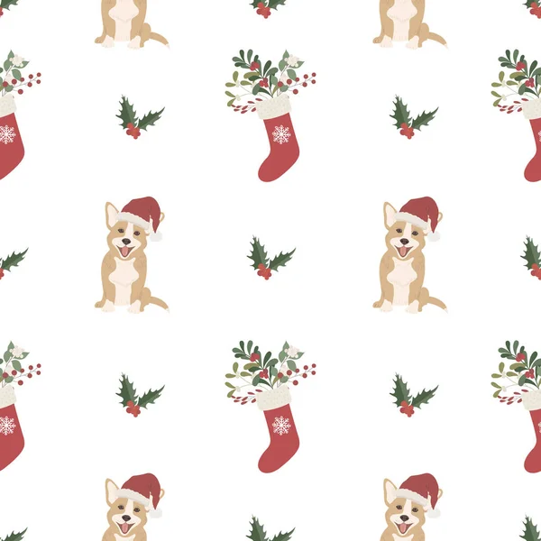 Patrón Sin Costuras Navidad Con Perro Corgi Fondo Blanco Ilustración — Vector de stock