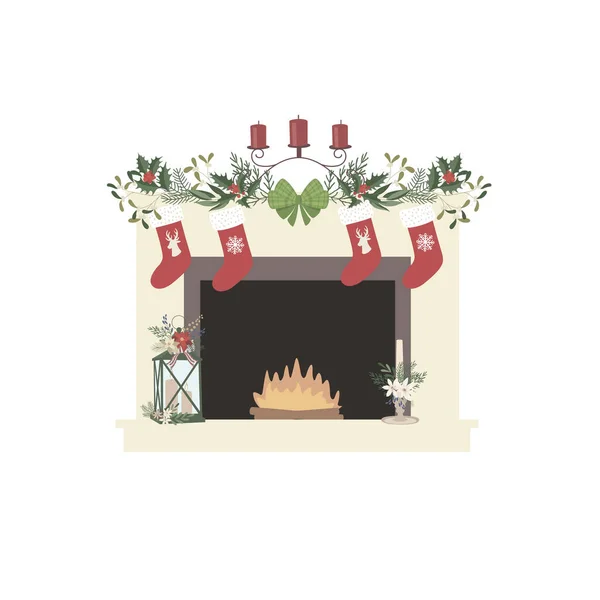 クリスマスの装飾と暖炉 ベクターイラスト — ストックベクタ