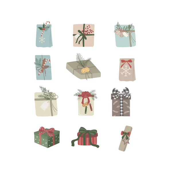 Kerstcadeau Set Witte Achtergrond Vector Illustratie — Stockvector