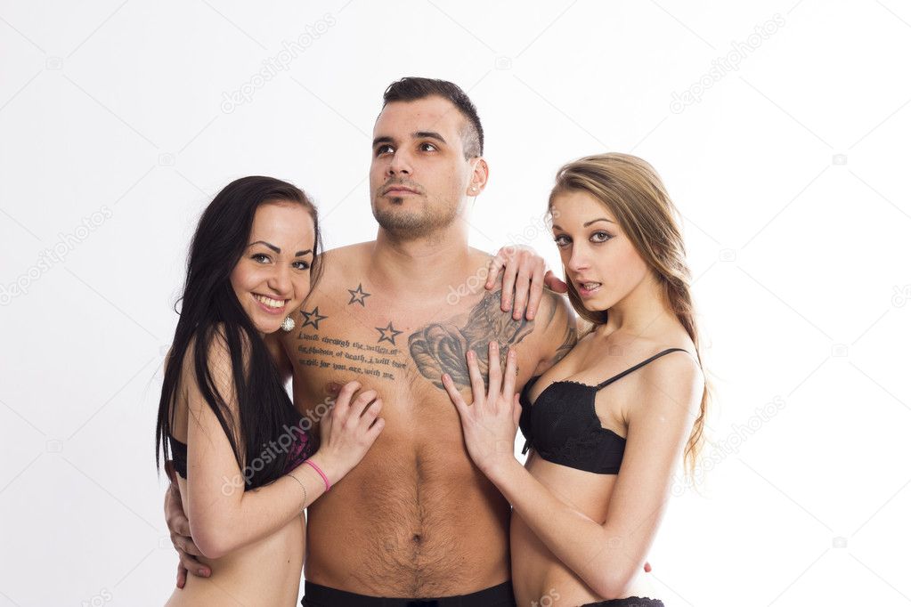 Sexy swinger threesome on white isolated background