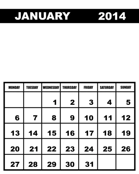 Calendario de enero 2014 — Vector de stock