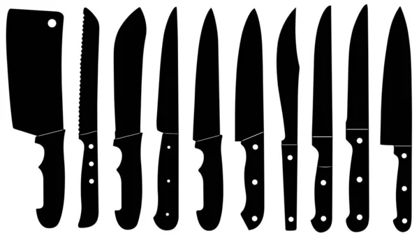 Set Different Kitchen Knives Silhouette Isolated White — Stock Vector