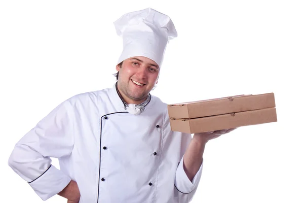 Chef masculino segurando uma caixa de pizza — Fotografia de Stock