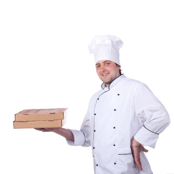 Male chef holding a pizza box — Stock Photo, Image