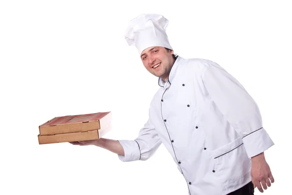 Manlig kock håller en pizza box — Stockfoto