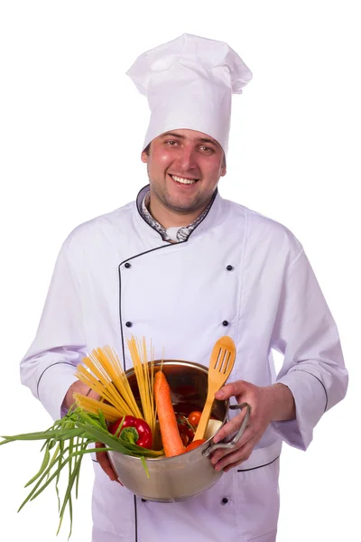 Chef masculino sosteniendo una caja de pizza abierta —  Fotos de Stock