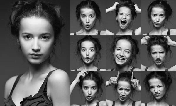 Jonge vrouw uitvoeren van verschillende expressies met haar gezicht. — Stockfoto