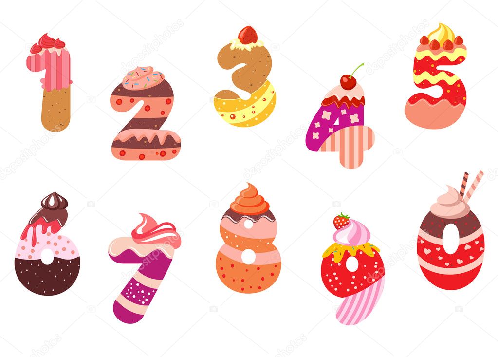 Appetizing bakery numbers and digits with pies, cakes and desserts