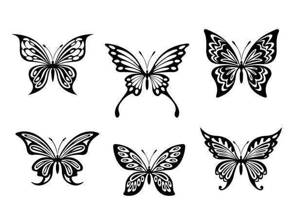 Black butterfly tattoos and silhouettes — Stock Vector