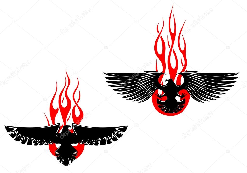 Black eagles with tribal flames for tattoo design