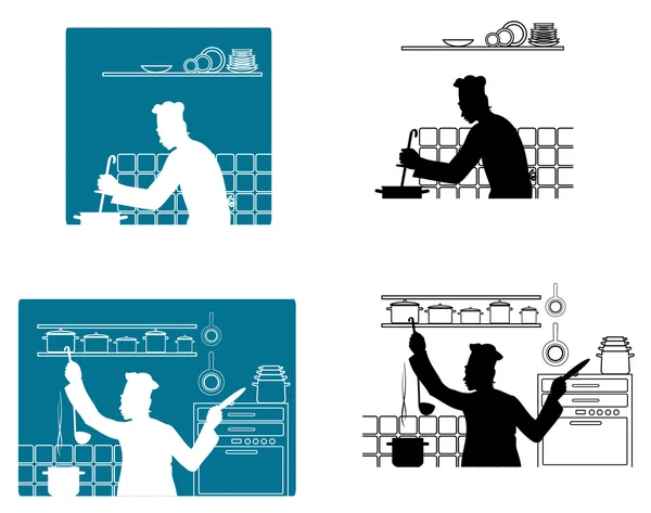 부엌에서 요리 하는 요리사 — 스톡 벡터