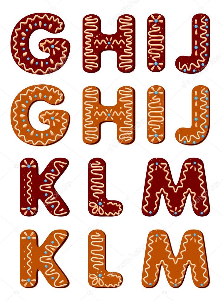 Gingerbread alphabet letters from G to M for christmas or new year holiday design