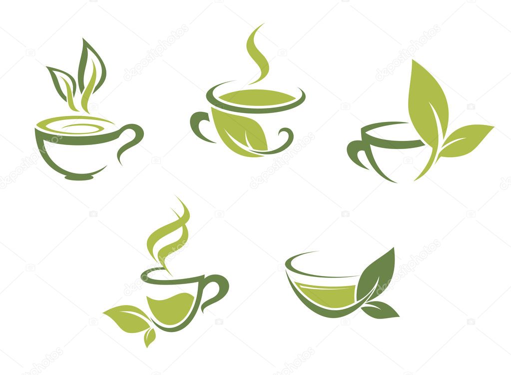 Cups of fresh tea and green leaves
