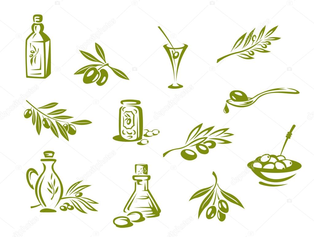 Green olives and organic oil symbols isolated on white background