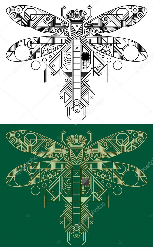 Dragonfly with computer motherboard elements