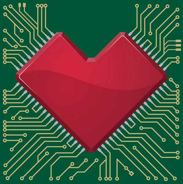 Moederbord hart chip op microcircuit achtergrond. — Stockvector
