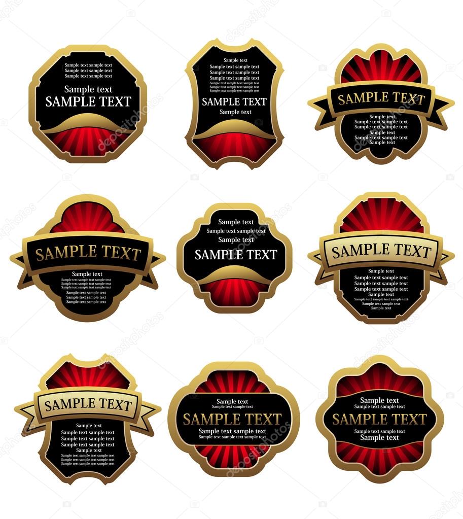 Set of red luxury labels and banners with gold frames, such logo.