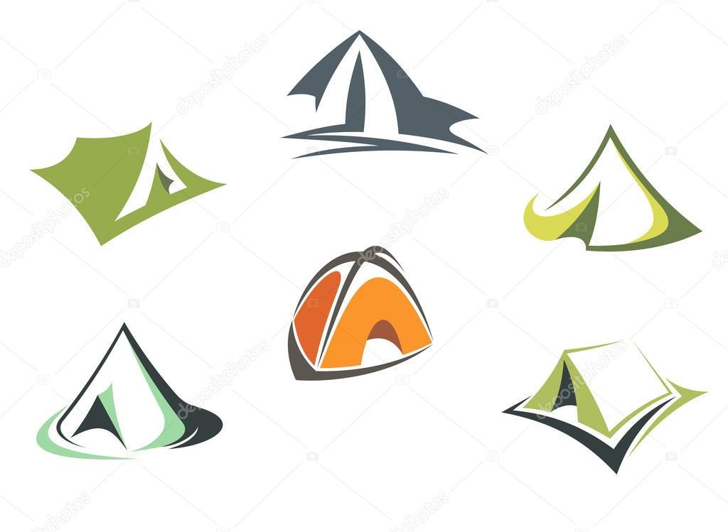 Travel and adventure camp tents set isolated on white background