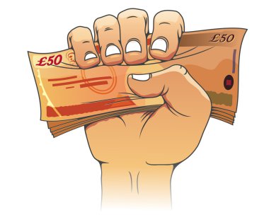 Fifty pounds banknote in hand clipart