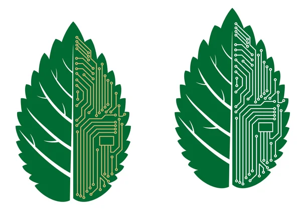 Green leaf with computer and motherboard elements — Stock Vector