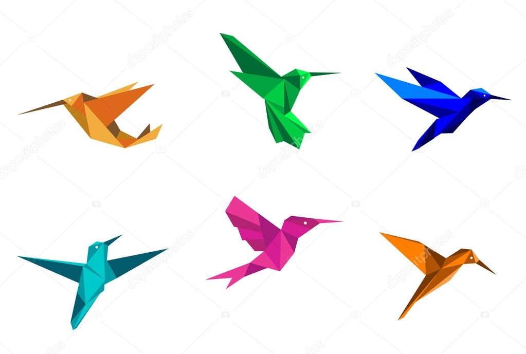 Colorful hummingbirds in origami paper style on white background