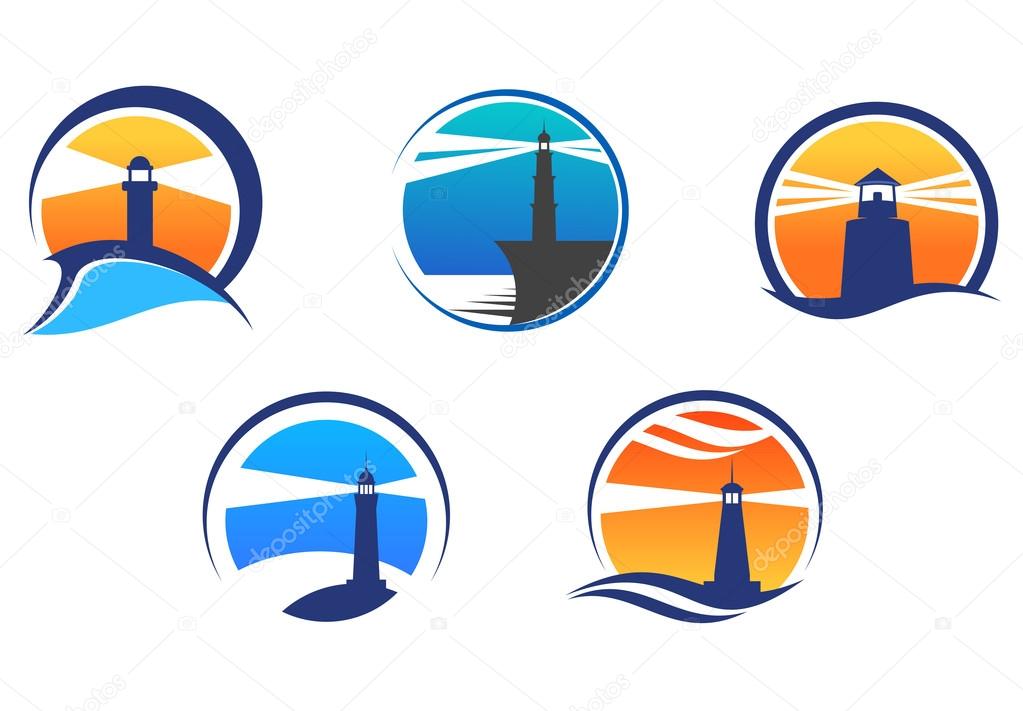 Colorful lighthouse symbols set