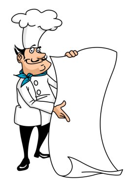 Menü ile karikatür gülümseyen Şef