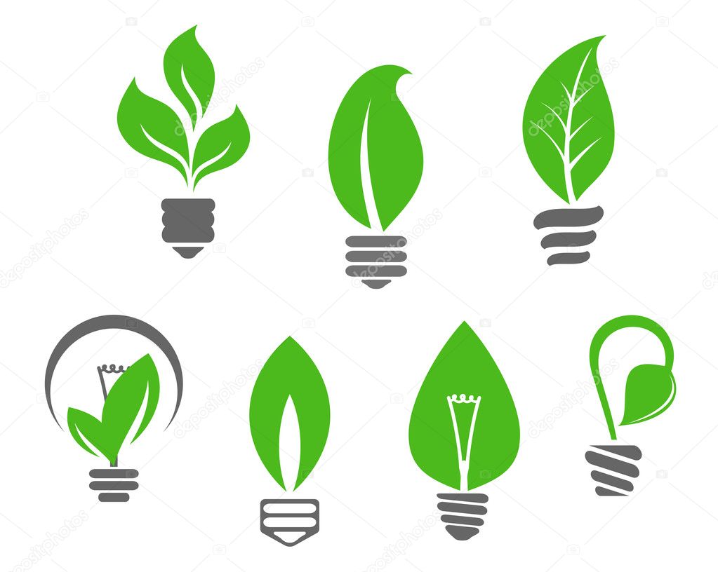 Ecology concept - symbols of light bulbs with green leaves