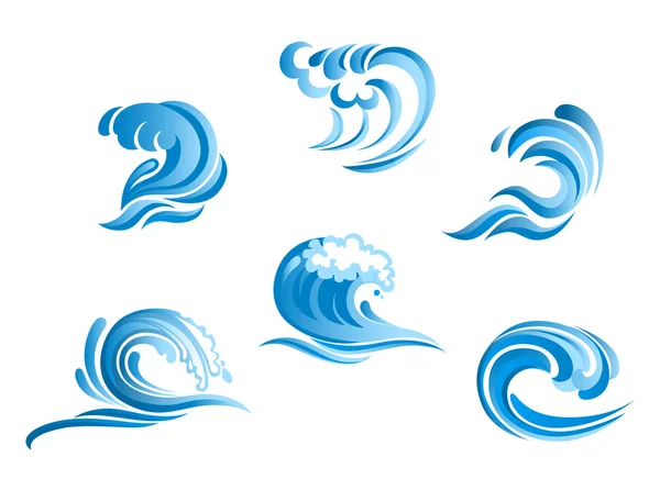 Set van blauwe surf oceaan golven — Stockvector