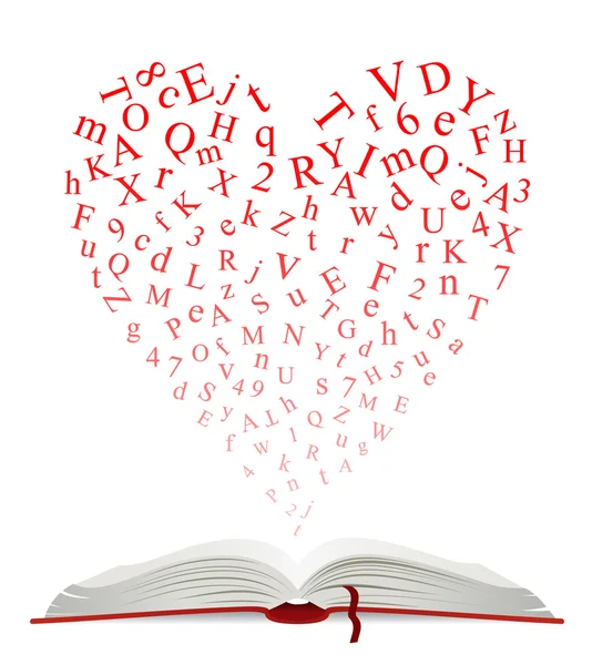 Libro aperto con cuore di lettere — Vettoriale Stock