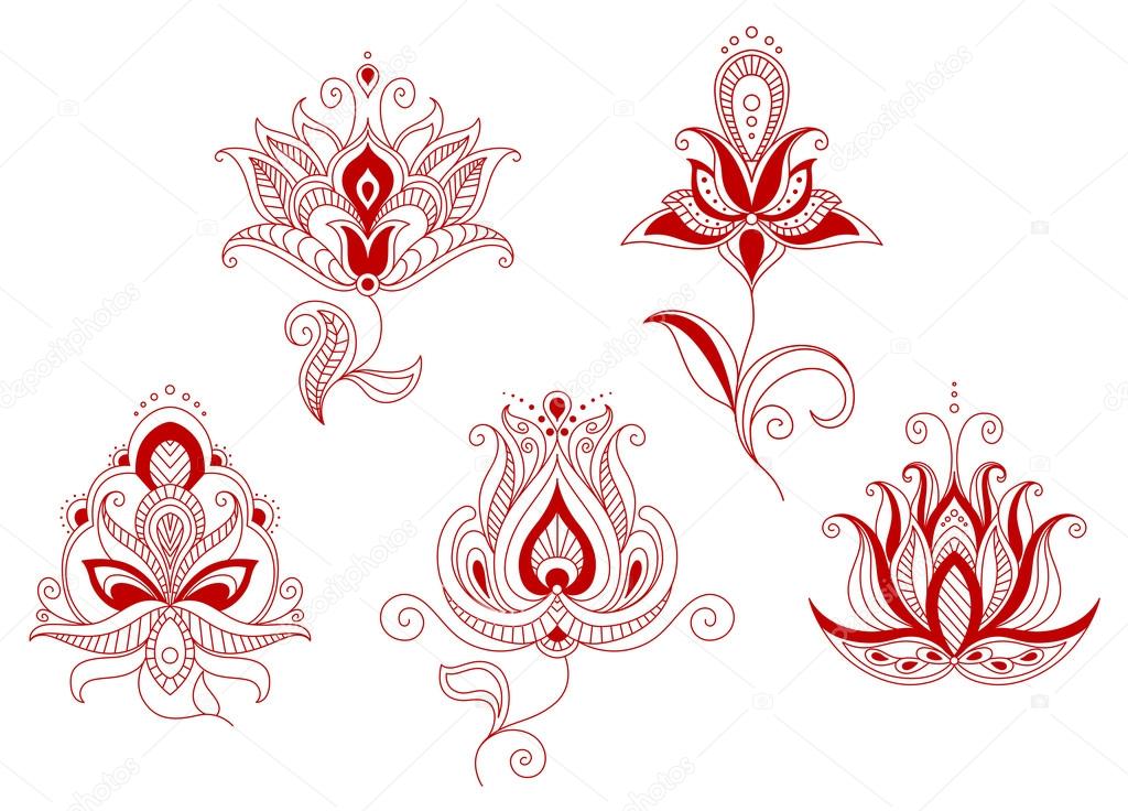 Set of abstract flowers in persian and indian motifs style