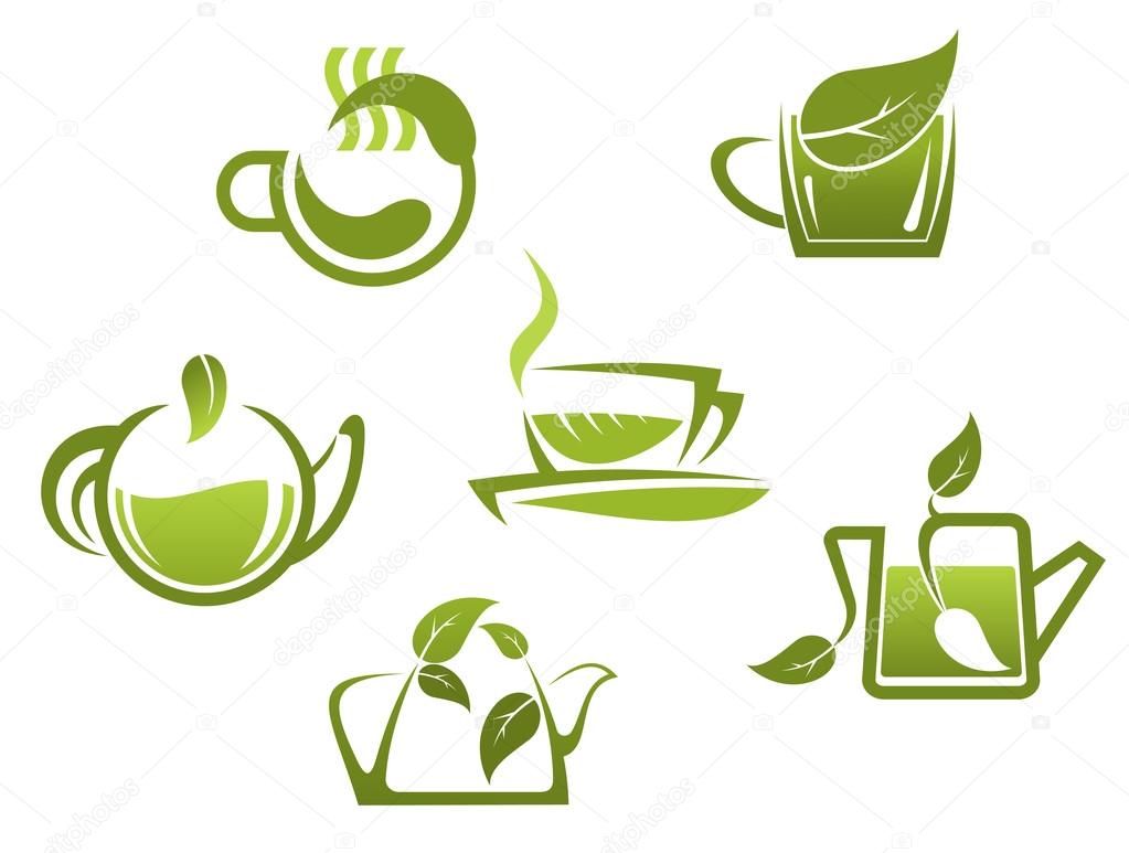 Green tea symbols and icons for fast food or cafe design
