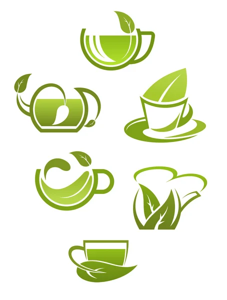 Tazas de té de hierbas con hojas verdes — Vector de stock