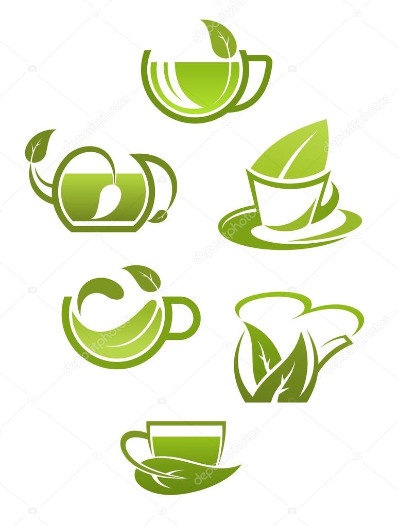 Herbal tea cups with green leaves