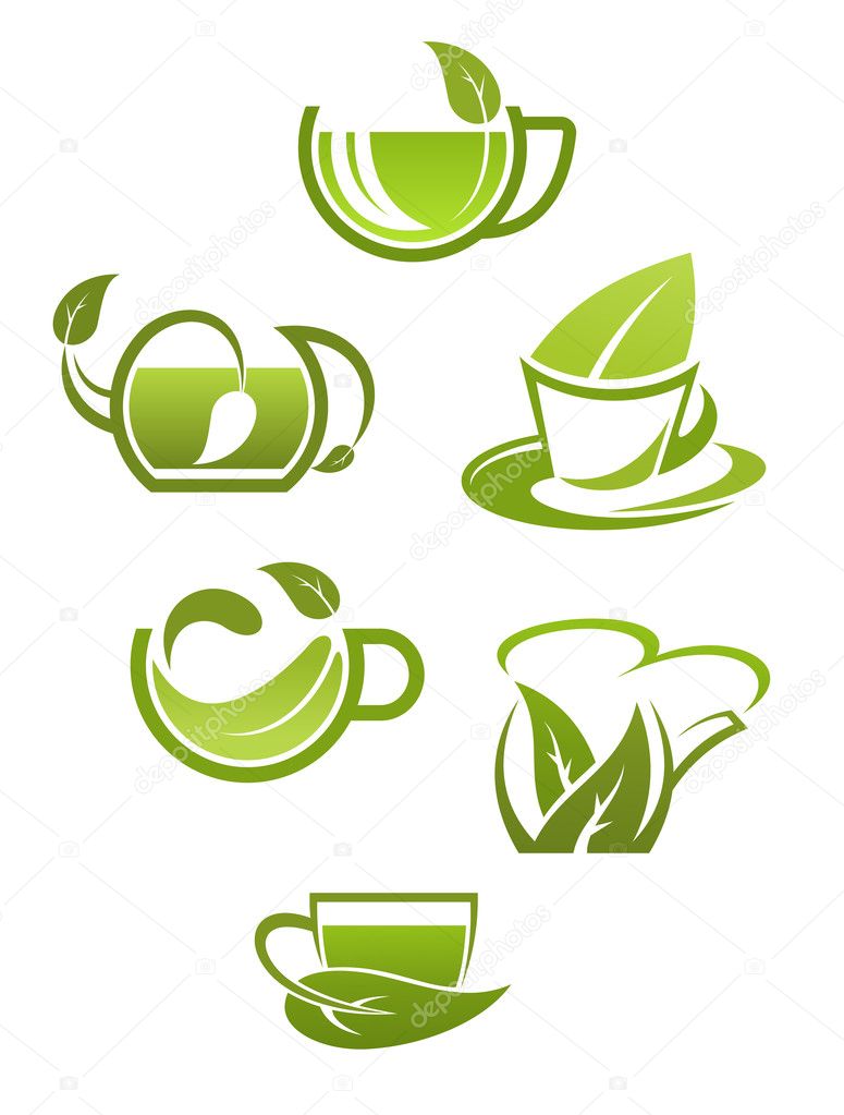 Herbal tea cups with green leaves isolated on white background for drink design