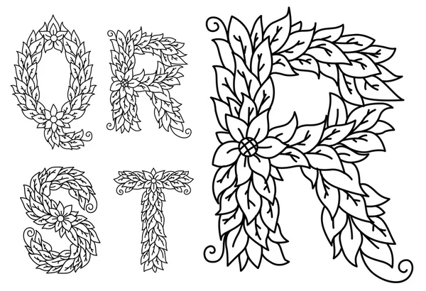 Capital letters Q, R, S, T with floral elements — Stock Vector