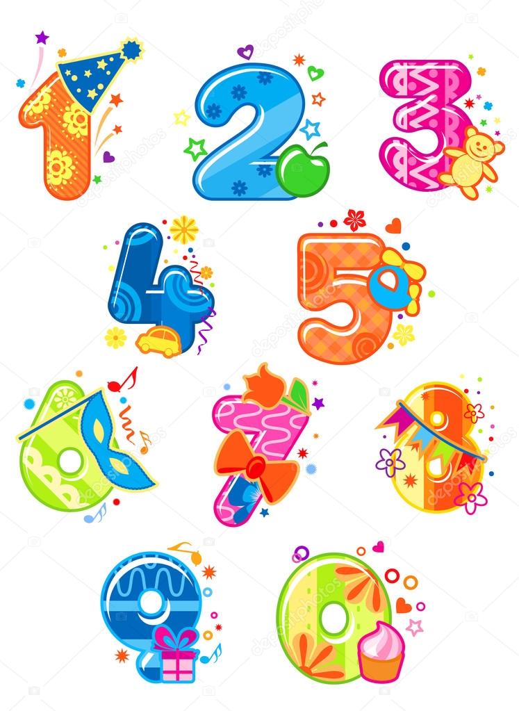 Cartoon digits and numbers with toys for childish mathematics design