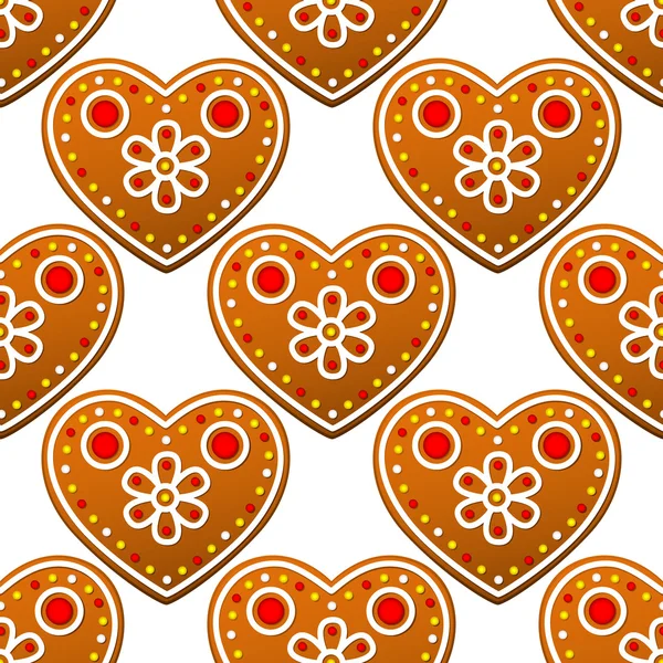 Gingerbread cookies seamless pattern with heart shapes — Stock Vector