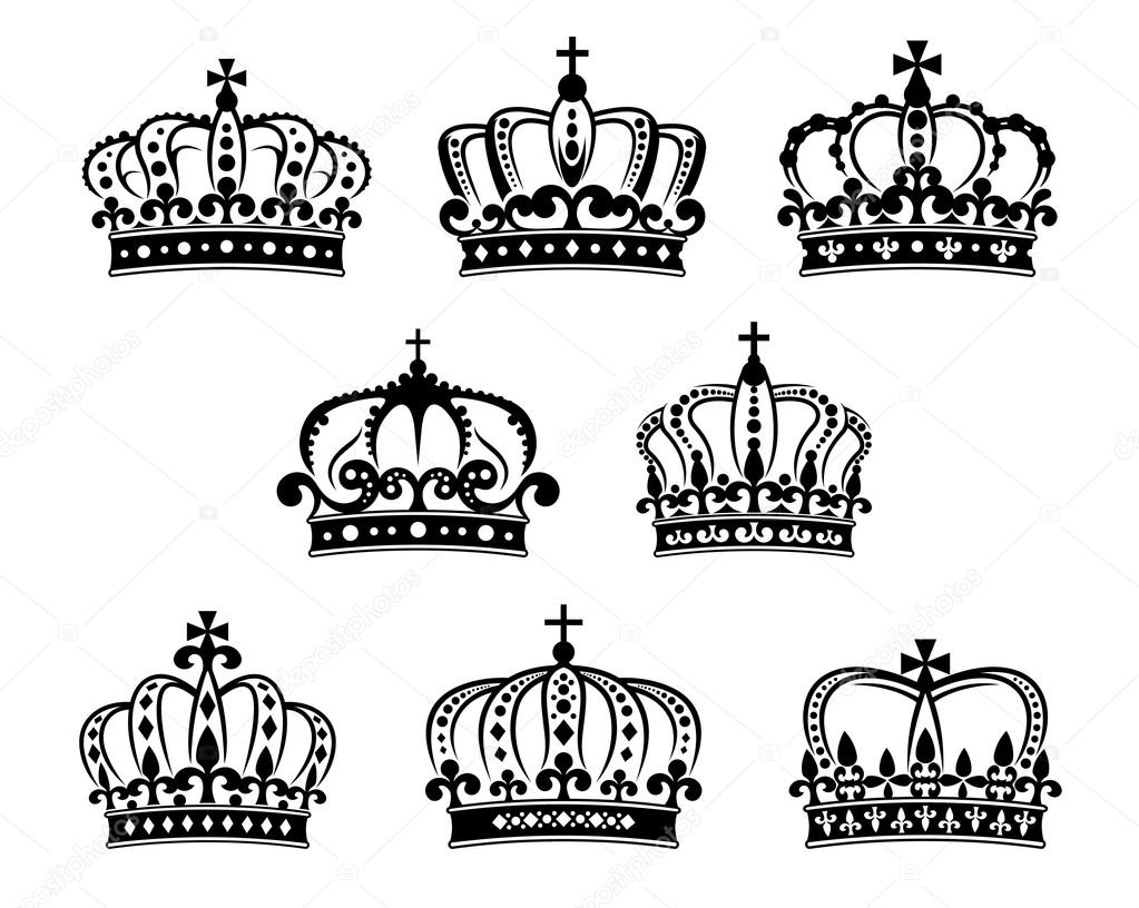 Ornated heraldic royal crowns set