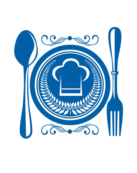 Premio Gournet de comida con plato y cubiertos — Archivo Imágenes Vectoriales
