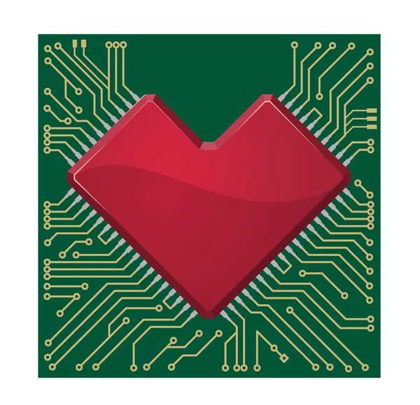 Forma de corazón rojo estilizado en una placa de circuito — Vector de stock